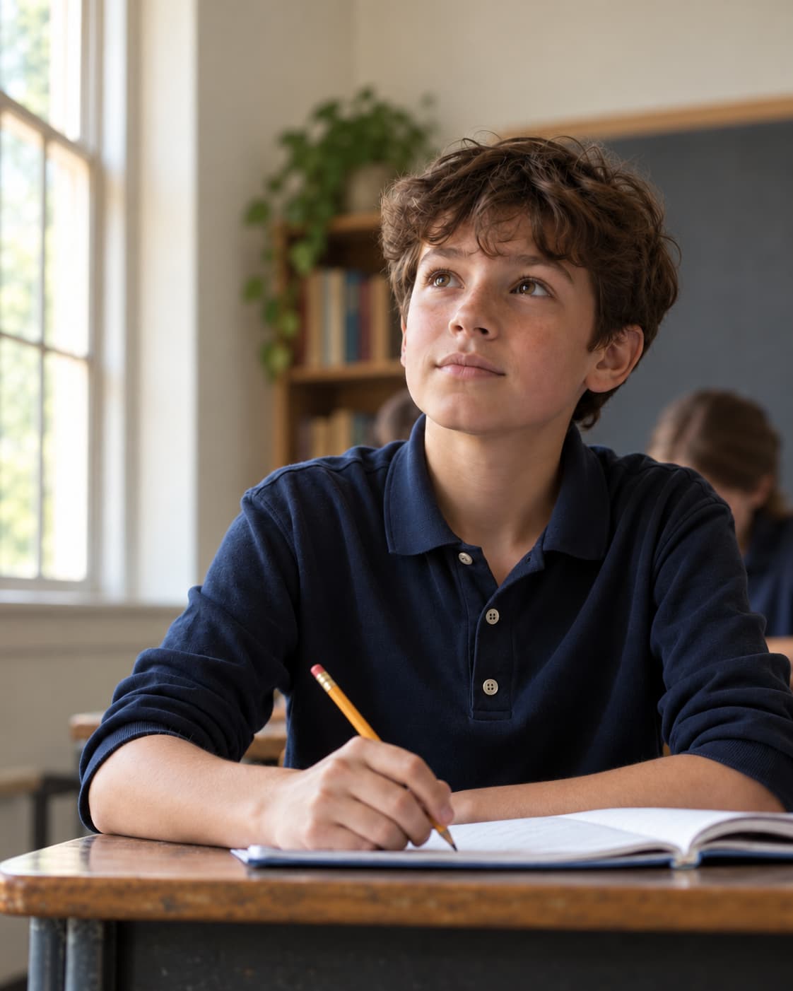 A middle-school student in a navy polo at a classroom desk, pencil in hand, looking up from an open notebook.