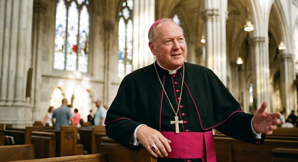 FundEDU | Tax Credit Scholarship Experts | New York Bishops Applaud Gov. Kathy Hochul’s Decision to Opt In to the Federal Scholarship Tax Credit AI-generated illustration of a Catholic bishop standing among the pews of a cathedral