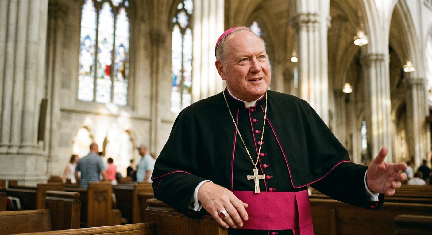 FundEDU | Tax Credit Scholarship Experts | New York Bishops Applaud Gov. Kathy Hochul’s Decision to Opt In to the Federal Scholarship Tax Credit AI-generated illustration of a Catholic bishop standing among the pews of a cathedral