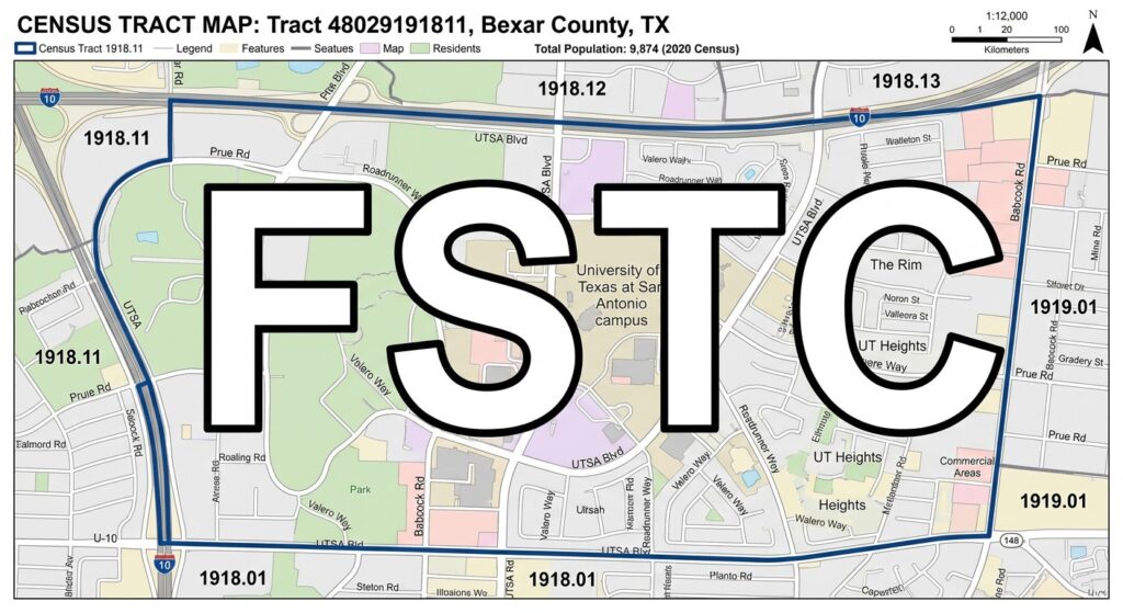 FundEDU | Tax Credit Scholarship Experts | Do You Know How the FSTC Census-Tract Rule Will Impact Your School District? AI-generated illustration of a census tract map with the letters FSTC overlaid