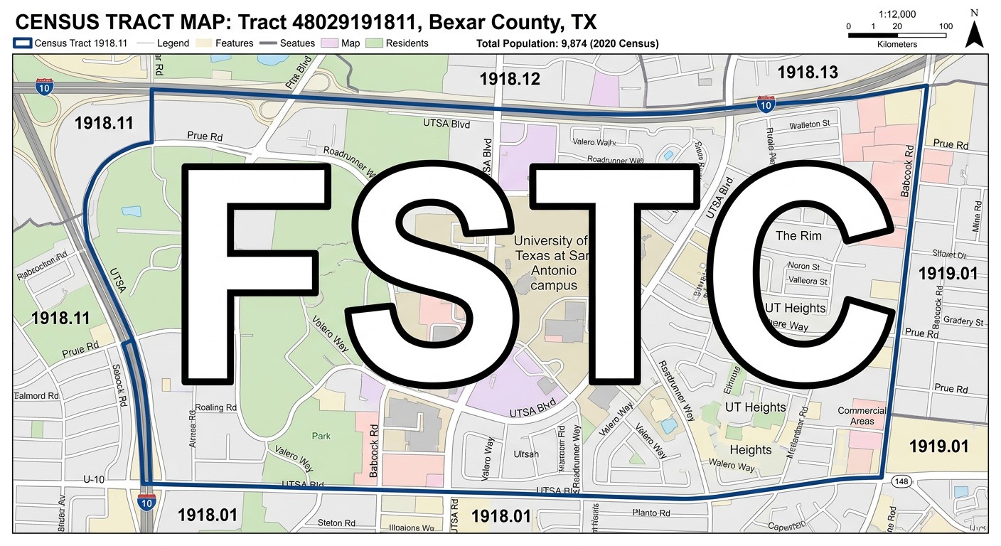 FundEDU | Tax Credit Scholarship Experts | Do You Know How the FSTC Census-Tract Rule Will Impact Your School District? AI-generated illustration of a census tract map with the letters FSTC overlaid