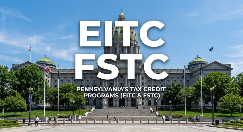 FundEDU | Tax Credit Scholarship Experts | The FSTC Is an Individual Credit. Your Business Still Has an EITC Strategy. AI-generated illustration of the Pennsylvania State Capitol with the words EITC, FSTC and Pennsylvania’s Tax Credit Programs
