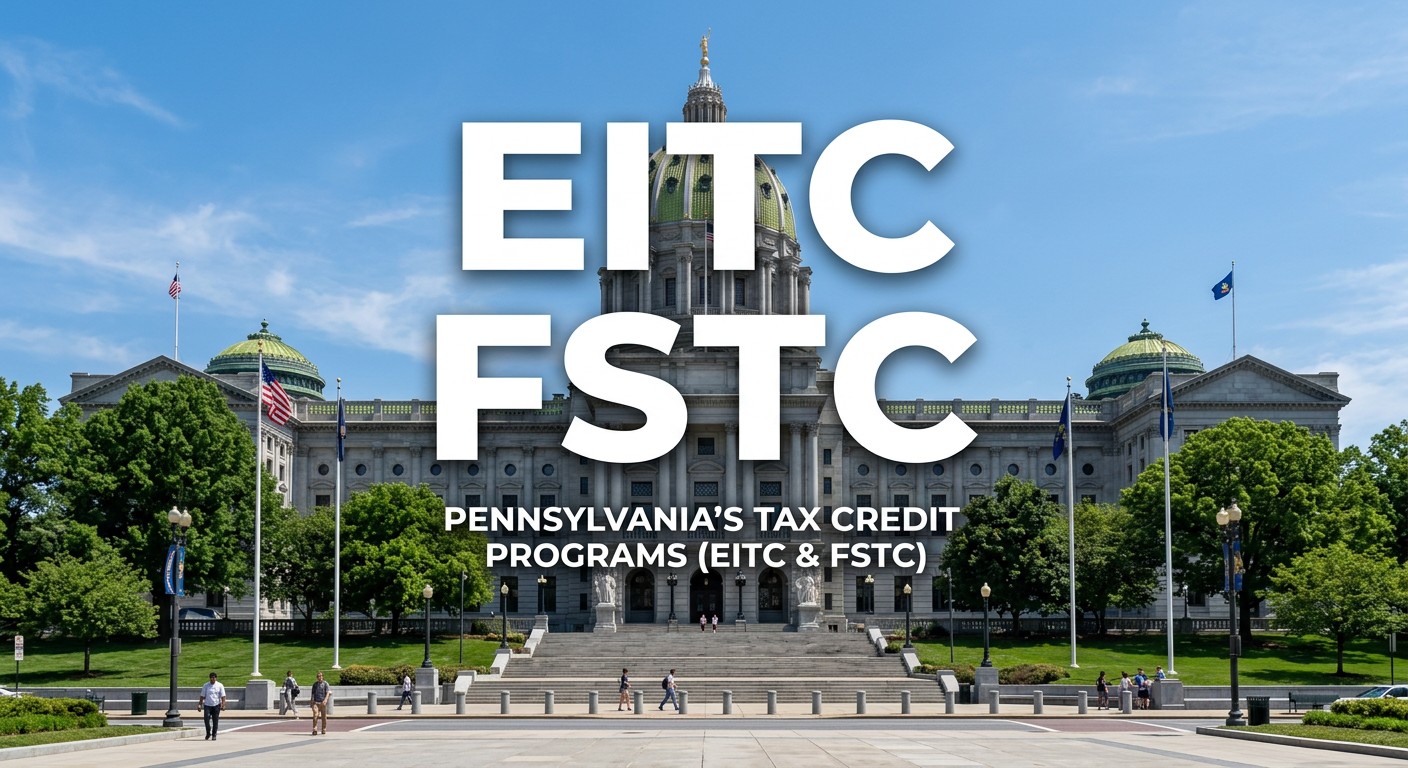 FundEDU | Tax Credit Scholarship Experts | The FSTC Is an Individual Credit. Your Business Still Has an EITC Strategy. AI-generated illustration of the Pennsylvania State Capitol with the words EITC, FSTC and Pennsylvania’s Tax Credit Programs