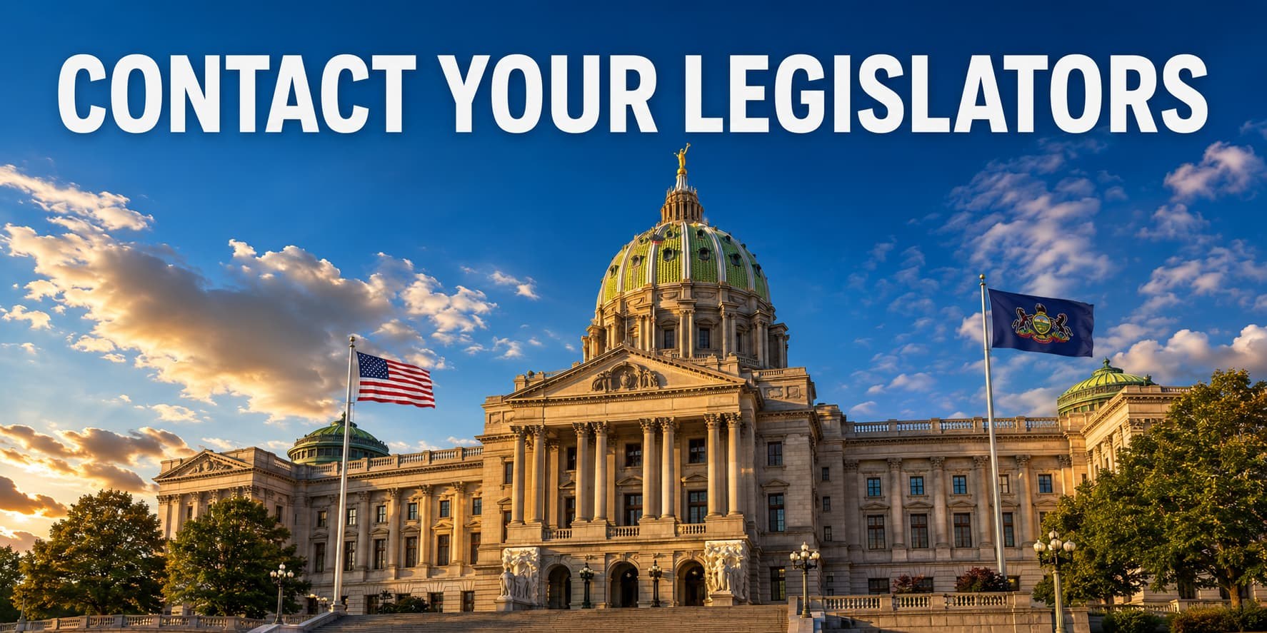 The Pennsylvania State Capitol with the message: Contact Your Legislators